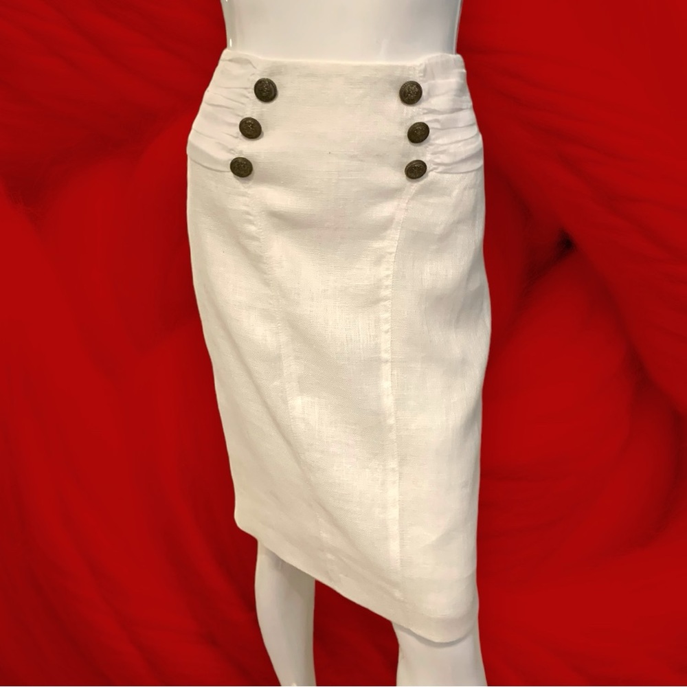 INSIGHT WHITE LINEN PENCIL SKIRT BRONZE BUTTON & CHIFFON ACCENTS WOMEN’S SIZE 8.
